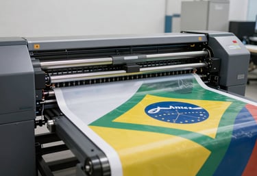 A large-format industrial printer in action, producing a wide colorful banner. The focus is on the movement of the print head. Modern studio setting. Sul Americano / Brasileiro.