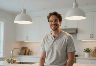 A happy homeowner standing in a bright, modern North American / US kitchen illuminated by professional-grade pendant lights. Soft sky blue and off-white colors dominate the warm atmosphere.