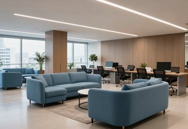 Photography of a modern office lounge in Brazil with soft sky blue furniture and clean lines, embodying a high-performance corporate culture.