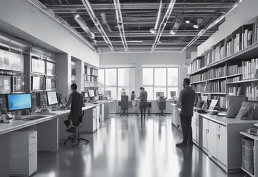 A sleek dashboard displaying real-time alerts and analytics on data flow and employee activity within a modern office environment.