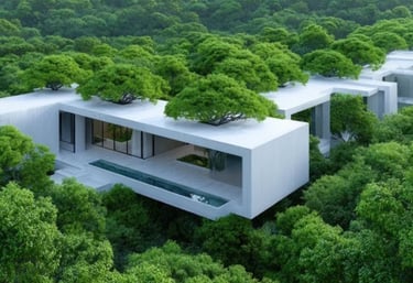 An image of a 3D adobe home model with various trees growing through the roof located in a forest.