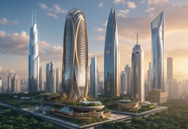 An image of a 3D high rise buildings at sunset.