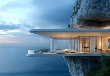 An image of a 3D hoe built with a part of the home extending out over the ocean.