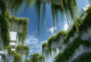 An image of a 3D apartment complex with plants hanging down over the balconies.