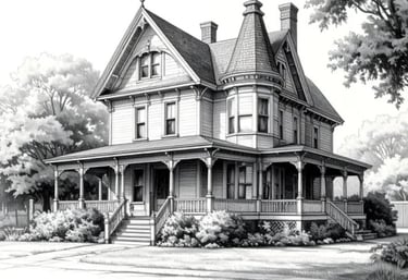 An image of a 3D Victorian style home rendered in black and white.