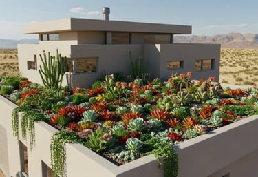 An image of a 3D adobe home model with various cacti growing on the roof located in a desert.