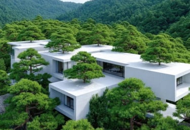 An image of a 3D adobe home model with various trees growing through the roof located in a forest.