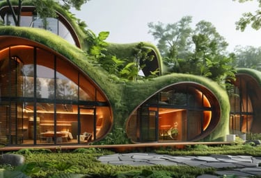 An image of a 3D adobe home model with grass growing on the roof located in the tropics.