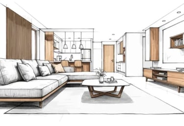 A rendering of the interior of a home done in a preliminary sketch style.
