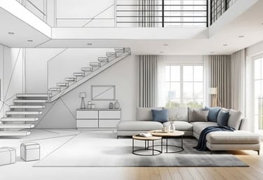 A rendering of a home that has line art on the left, and photorealism on the right.