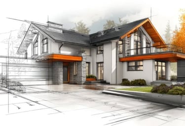 A rendering of a home that has line art on the left, and photorealism on the right.