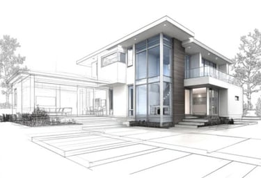 A rendering of a home that has line art on the left, and photorealism on the right.