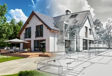 A rendering of a home that has line art on the right, and photorealism on the left.