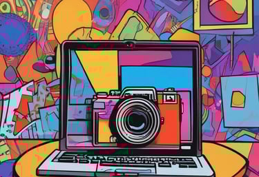 A laid-back workspace featuring a Sony A7 IV camera, lenses, and a laptop with lifestyle gear arranged neatly.