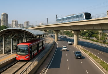 Modern public transportation or infrastructure in a South Asian / Indian metropolitan area, clean and functional, bright natural lighting.