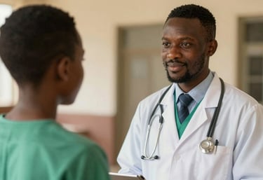 A close-up of a doctor and a student in Nigeria, representing health and education. The style is warm, authentic, and human-centric, using soft lighting and a palette emphasizing #B4D3C5 and #F8F4EC.