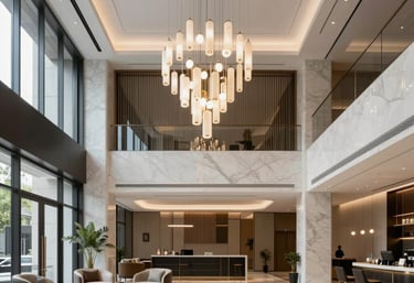 A sleek 3D rendering of a modern hotel lobby showcasing formaviva's design expertise.