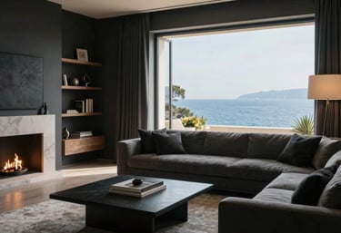 Luxurious living room with sparkling clean sofa and golden accents reflecting premium service.