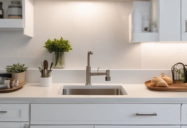 a kitchen with a white counter top and a sink