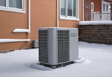 Close-up of a heat pump unit with eco-friendly labels in a residential setting.