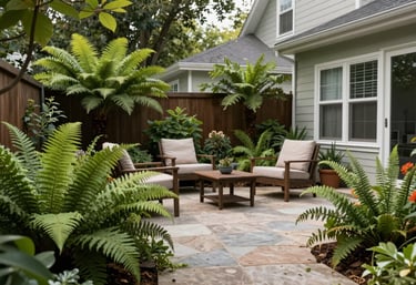 A serene and private backyard patio in a North American / US residential area, featuring lush Fern Green plants and comfortable outdoor seating. Professional garden photography.