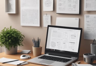 A cozy workspace with a laptop displaying AI tool comparisons and notes scattered around.