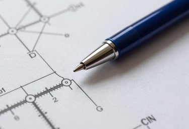 Close up photography of a professional electrical schematic paper with a steel blue pen resting on it, showing fine technical details and clear lines.