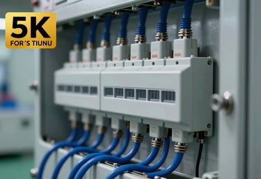 A modern industrial power distribution unit with neatly organized wires in deep blue and grey, showing high-quality electrical engineering craftsmanship.