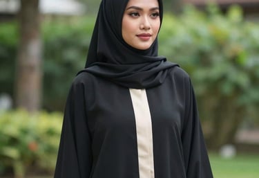 An elegant Southeast Asian woman wearing a simple, tailored black abaya with cream accents, standing in a garden with soft focus greenery in the background.