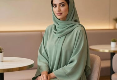 A lifestyle shot of a woman in a sage green abaya, sitting gracefully in a minimalist cafe with warm wooden textures and soft pastel decor.