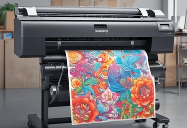 Professional wide-format inkjet printer producing a colorful floral art print in a studio.