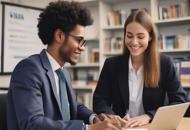 A group of international students enjoying campus life in Australia, with navy blue and green branding visible.