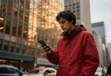 A street-level photography shot in a North American / US city, showing a person using a mobile app while walking. They wear a Crimson Red jacket, and the Vibrant Amber morning light reflects off the surrounding glass buildings.