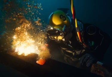 Professional commercial diver performing underwater welding with bright sparks and air bubbles.