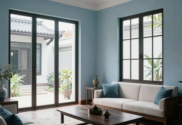 An elegant interior shot of a minimalist Southeast Asian residential living room with large windows, soft blue and white decor, and clean architectural lines.