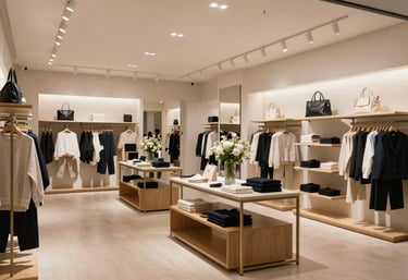 A brightly lit International / Global retail boutique interior, focusing on the sophisticated atmosphere and modern decor. The lighting is soft and approachable.
