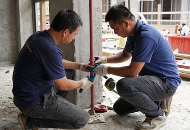 Stacked water tanks ready for delivery at the warehouse.