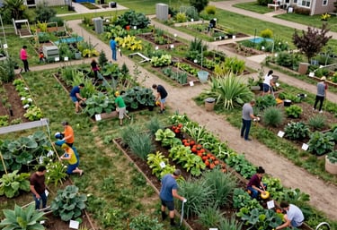An aerial view of a vibrant North American community garden where people are working together, showcasing themes of unity and sustainable growth.