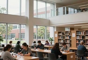 An interior shot of a contemporary North American university library or learning center, with bright windows and students studying, emphasizing access to quality education.