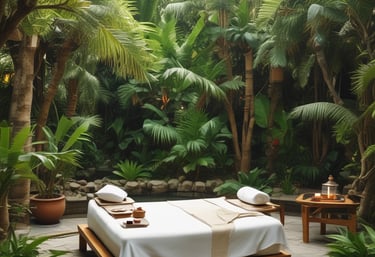 A serene spa room with soft lighting and traditional Balinese massage setup.