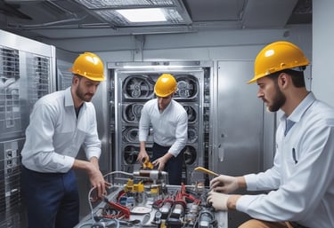 Technical staff collaborating over blueprints in a modern kitchen equipment facility.