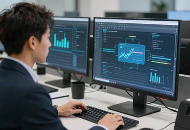 A friendly team of IT professionals collaborating over laptops in a modern office space.