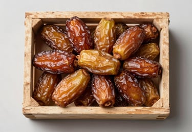 A top-down photographic view of golden Egyptian dates arranged elegantly in a rustic wooden crate, Middle Eastern / International B2B style, sharp focus, clean background.