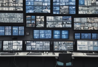 A control room with multiple screens showing security footage and monitoring systems.