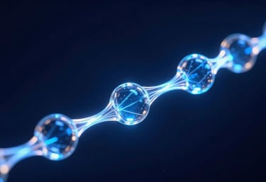 A macro photography shot of glowing electric blue light passing through transparent glass nodes, representing blockchain technology. Sophisticated lighting, deep navy background.