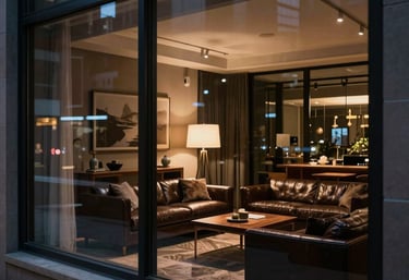 A high-end North American city view at night through a large window, with reflections of a comfortable interior and dark leather seating.