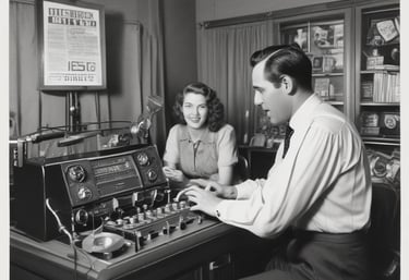 Vintage radio microphone surrounded by sheet music from the swing era.