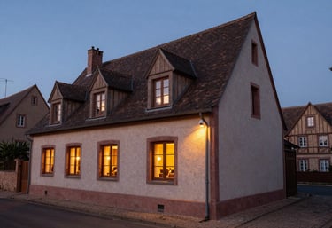 A wide shot of a traditional house in the Bas-Rhin region at twilight, with warm interior lighting and a subtle security camera visible on the corner.