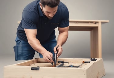 Satisfied customer smiling next to newly assembled furniture.