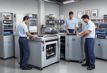 Technician carefully repairing a modern office printer in a bright workspace.